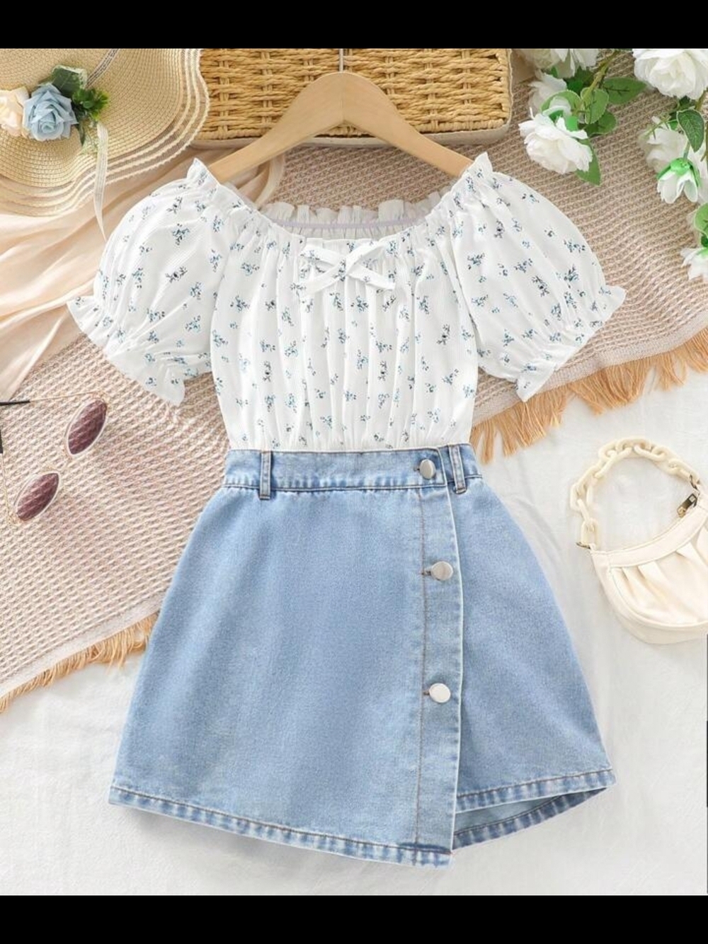 White Floral Puff-Sleeve Top & Light Blue Denim Skirt Kids Matching Set